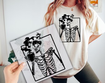 Halloween Coffee  Ready to Press, Halloween Skeleton DTF Transfer, Funny Halloween DTF Transfer, Halloween Direct to Film P100