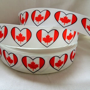 Choix entre 3/8", 5/8", 7/8" ou 1" motif drapeau canadien en forme de coeur imprimé sur du ruban gros-grain blanc, 3 yards, idéal pour les noeuds, les couronnes