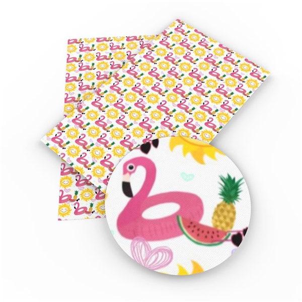 Summer Design printed on White Faux Leather, 1 Sheet, Flamingo and Tropical Fruit, bow and earring making, 20cmx34cm, sewing, jewelry making