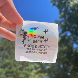 May include: A holographic sticker with the text "YOU'VE BEEN PIXIE DUSTED!" and a silhouette of a fairy. The sticker also includes the text "THE SMITH FAMILY STATE ROOM: 9000" and four star graphics. The sticker is held against a blue sky.