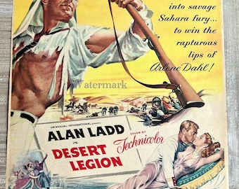 1950s Alan Ladd in *Desert Legion* Movie Promo Poster 13.75 x 11&quot; Richard Conte * Arlene Dahl - Technicolor- MCM-Vintage-Retro