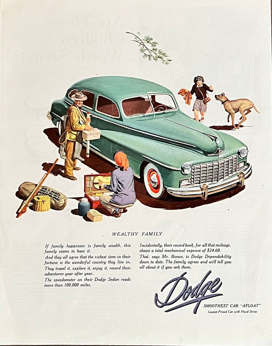 1948 Kitschy DODGE Automobile Print Ad wealthy family going fishing White wall tires dog ladies in dresses