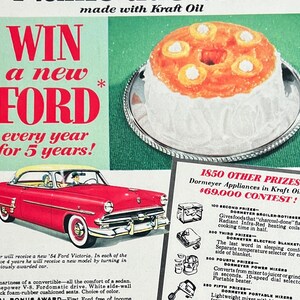 Concorso pubblicitario su stampe a olio Kraft FORD Victoria del 1954 per vincere un’automobile! Tagliando con clip “Name This Cake” decappottabile ROSSA un’altra FORD 4 anni dopo