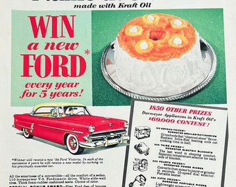 FORD Victoria 1954 Kraft Oil Print Ad Contest to Win an Automobile! &quot; Name This Cake&quot; Clip Coupon RED Convertible Another FORD 4 yrs Later