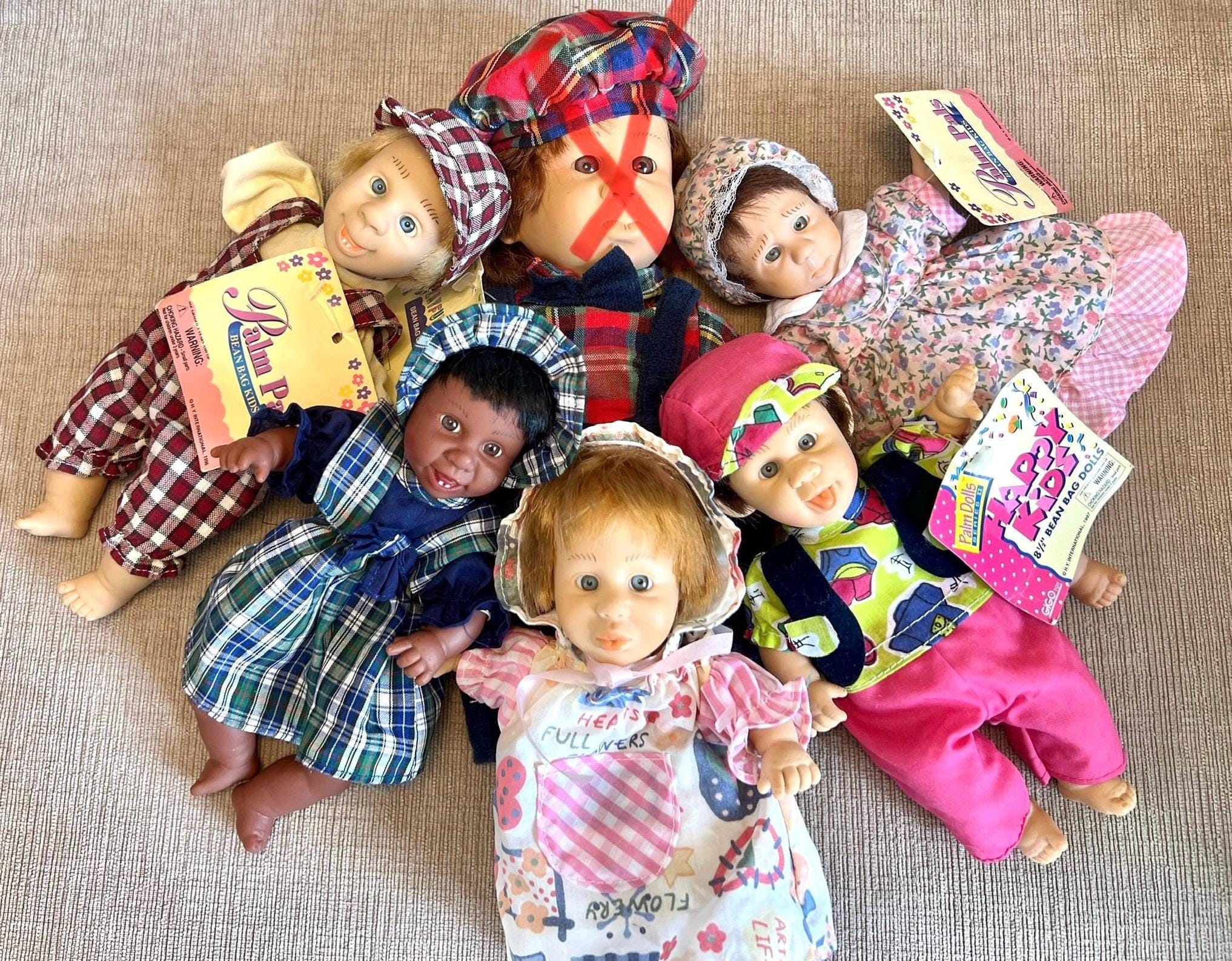 90s GIGO Palm Pals Expressions Bean Bag Dolls Lot of 5 With Tags Happy Crying and Pouting W Hats and Bonnets Boys and Girls Etsy