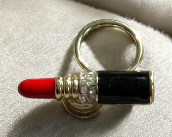 VTG Red Lipstick Enameled Rhinestone Gold Tone Magnetic Brooch/Scarf/ Eyeglass
