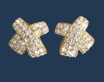 Vintage Signed SWAN Swarovski Pavé Crystal X Pierced Earrings | Original Signed Backings 80s Luxury