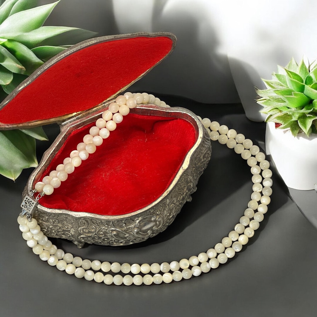 Antique/ Vintage Double Strand Necklace MOTHER OF PEARL Sterling Silver ...
