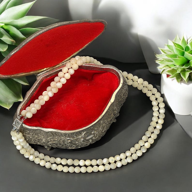 Antique/ Vintage Double Strand Necklace MOTHER OF PEARL Sterling Silver ...