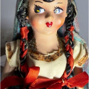 Mexican Doll w Batea Folk Art Composition Hand Made/ Painted Vintage 1930s- 1950s