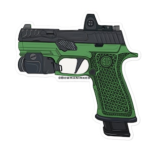 May include: A green and black handgun with a red dot sight and a laser. The gun has a textured grip and a magazine inserted. The text "@BOWMANINKED" is visible on the gun.