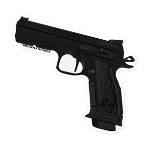 Könnte beinhalten: Schwarz-weiß-Illustration einer Pistole mit schwarzem Griff und rotem Sicherungsschalter. Der Text "@BOWMANINKED" ist auf der Seite der Waffe sichtbar.