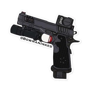 May include: A sticker featuring a detailed illustration of a black handgun with a red dot sight, a tactical light, and a magazine. The text "@BOWMANINKED" is printed on the sticker.