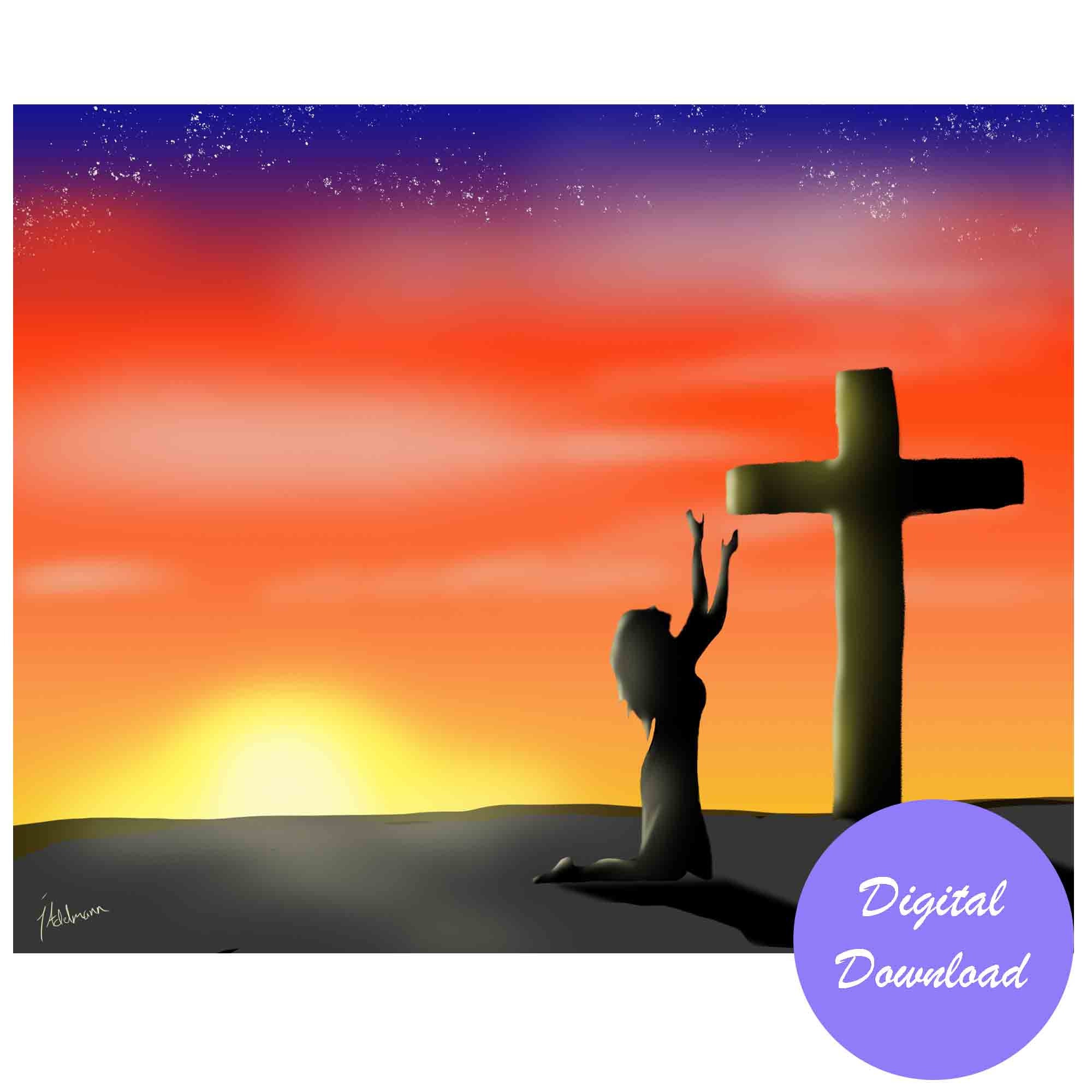 Prayer at the Cross -Printable Wall Art, Christian Painting, Faith Artwork, Home Wall Decor, Instant Download Prints, Scripture Art