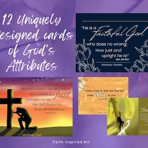 Instant prints, attributen van God, Bijbelteksten, schriftkunst, christelijke notitiekaarten, uniek ontworpen