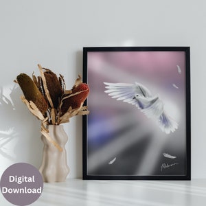 Dove Light Printable Wall Art - Faith Inspired Artwork, Bird Flying Art, Christian Art, Spiritual, Instant Prints, Rays of Light, Home Decor