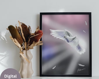 Dove Light Printable Wall Art - Faith Inspired Artwork, Bird Flying Art, Christian Art, Spiritual, Instant Prints, Rays of Light, Home Decor