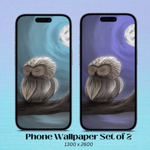 Può includere: Due schermi di telefono che mostrano sfondi a tema gufo. Uno presenta uno sfondo blu con una luna piena, l'altro uno sfondo viola. Ognuno mostra un gufo addormentato appollaiato su un ramo. Il testo in basso recita "Phone Wallpaper Set of 2, 1300 x 2600".