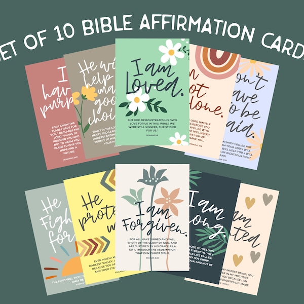 Set of 10 Printable Christian Affirmation Cards, Bible Verse Cards, Great for Kids and Teens