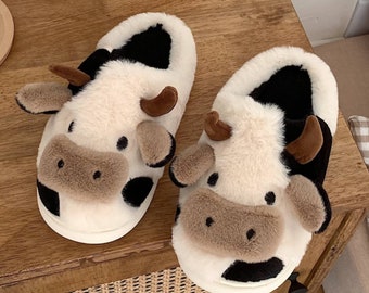 Super Cute Fluffy Cow Slippers, Moo Slippers. Animal Slippers. Fluffy and Cozy Slippers, Birthday Gift for her