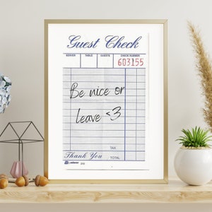 Guest Check Print Trendy Wall Art Guest Check Poster Retro Wall Art Decor Bar Cart Art Trendy Printable Art Preppy Prints Be Kind