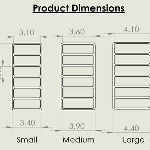 May include: Diagram showing product dimensions for small, medium, and large labels. The small label is 3.40 inches wide and 7.65 inches tall. The medium label is 3.90 inches wide and 7.65 inches tall. The large label is 4.40 inches wide and 7.65 inches tall.