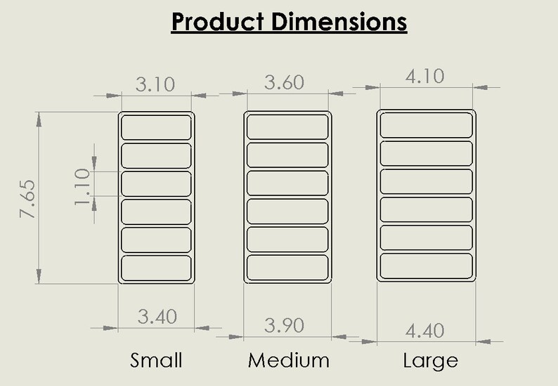 May include: Diagram showing product dimensions for small, medium, and large labels. The small label is 3.40 inches wide and 7.65 inches tall. The medium label is 3.90 inches wide and 7.65 inches tall. The large label is 4.40 inches wide and 7.65 inches tall.