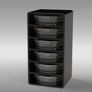 May include: A black storage unit with five compartments, each holding a clear, round container. The unit has a sleek, modern design, and the containers appear to be made of glass or clear plastic. The overall aesthetic is minimalist and functional.