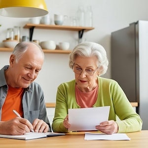May include: An elderly couple are seated at a wooden table in a kitchen, reviewing paperwork. The man writes in a notebook with a pen, while the woman examines a document. A yellow pendant light hangs above them. Shelves with decor and a stainless steel fridge are in the background.