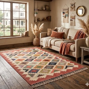 Handwoven Wool Jute Kilim Rug, Multi-color Flatweave Runner for Living Room