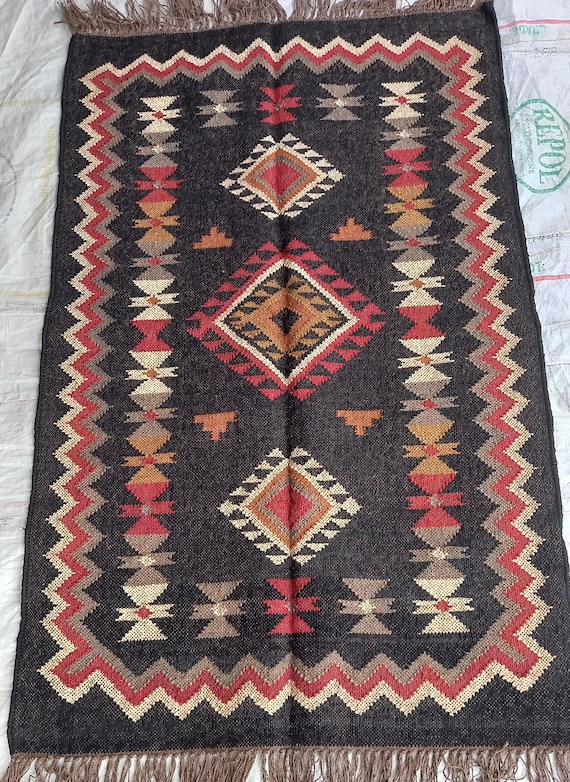 Handwoven Multicolor Kilim Rug: Wool Jute Blend, Indian Dhurrie Rug