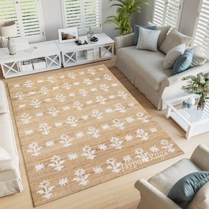 8x10 ft Large Kilim Rug, Handwoven, Wool and Jute Rug Handmade Jute RugHandwoven Jute Rug: Ivory Flower, Kilim Dhurrie Rug, Motifs