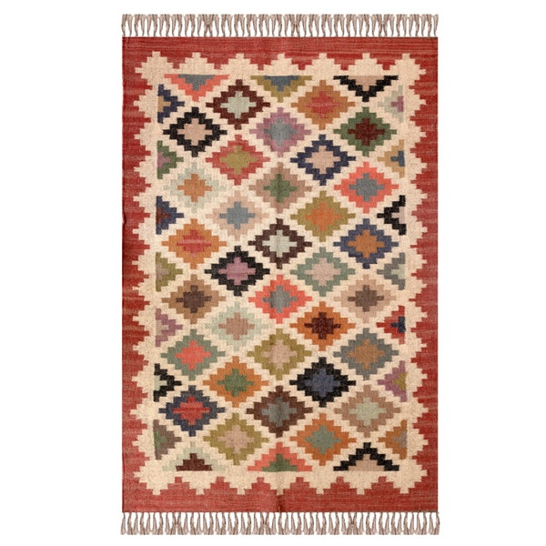 Wool and Jute Rug Handmade, Kilim Dhurrie Rug, Flatweave Rug, Traditional Area Rug, Jute Carpet Rug, Area Rug, , Turkish Rug, , Colorful Rug