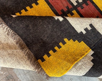 Handwoven Wool Jute Kilim Rug, Boho Tribal Geometric Pattern, Custom Size