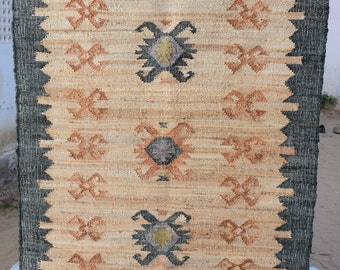 Hand Woven Jute Rug: Ivory Boho Decor Kilim Rug