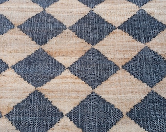 Black Diamond Area Jute Rug Checkerboard Rug Cotton Jute Rug Hemp Jute Rug Boho Decor Rug Dhurrie kilim Large Area black Jute Rug 9x12 8x10