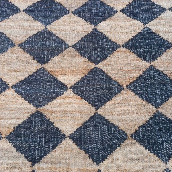 Black Diamond Area Jute Rug Checkerboard Rug Cotton Jute Rug Hemp Jute Rug Boho Decor Rug Dhurrie kilim Large Area black Jute Rug 9x12 8x10