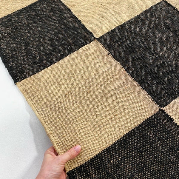 5x7 Wool Jute Kilim Handmade Checkered Jute Rug Handcrafted Wool Jute Dhurrie Rug,  Floor Covering Carpet, Indian Jute Rug,  Custom Size rug