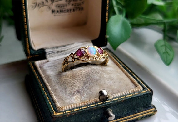 PRETTY Solid 9ct Gold Opal Ruby Ring, STATEMENT R… - image 1