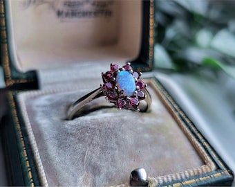 STUNNING Vintage Sterling Silver Opal Ruby Cluster Ring. Vintage Silver Ring. Vintage Silver Opal Ring LAYAWAY AVAILABLE [Ref00]