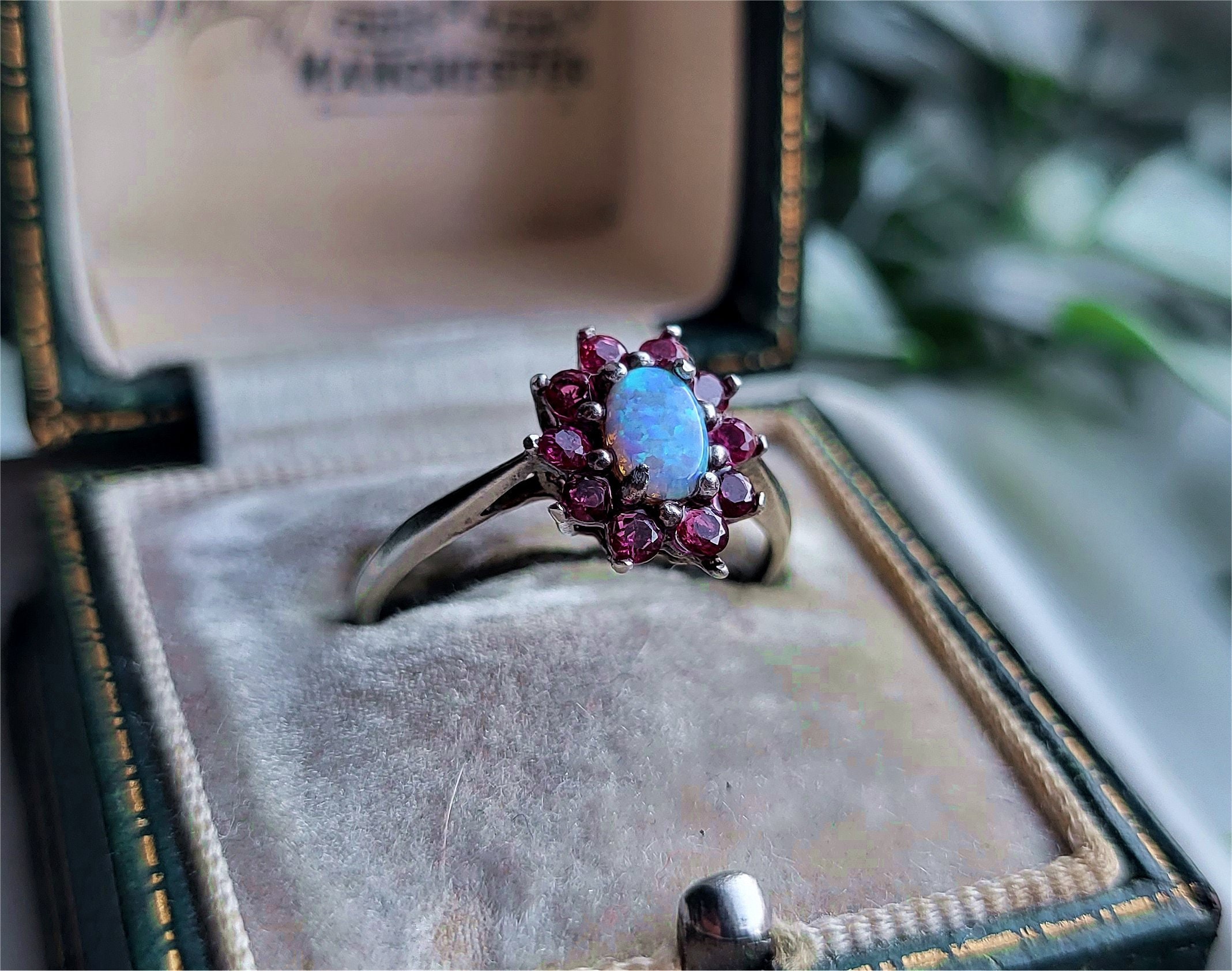 STUNNING Vintage Sterling Silver Opal Ruby Cluster Vintage