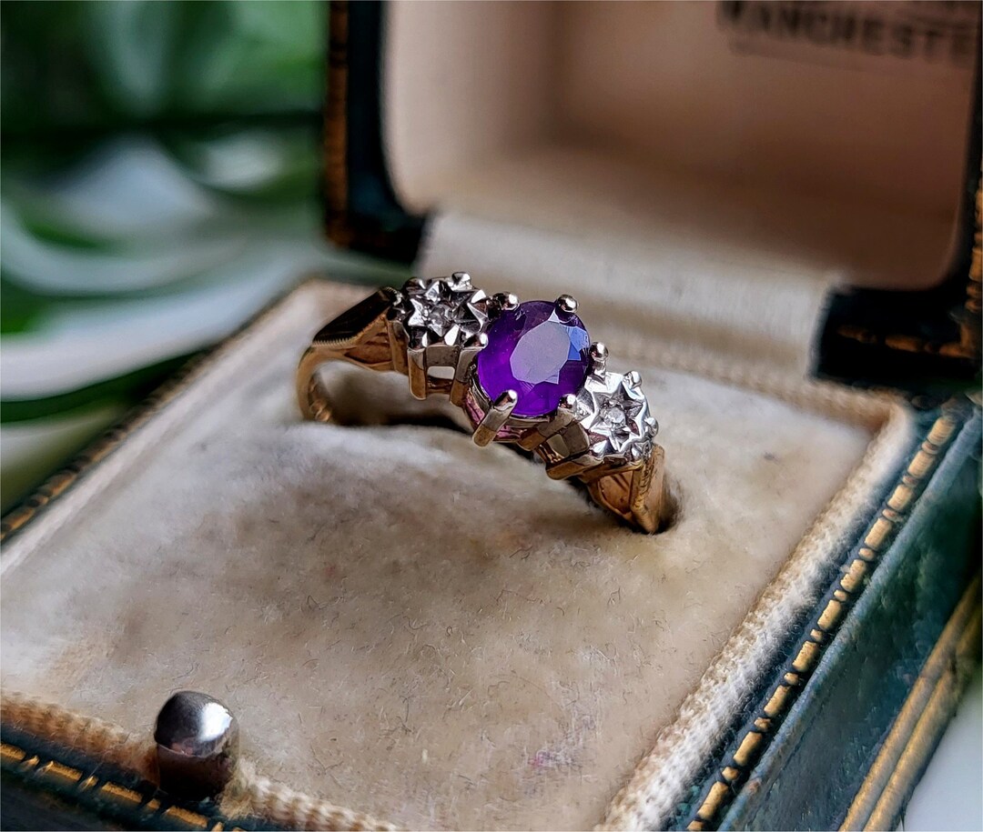 INCREDIBLE Vintage 9ct Gold Amethyst Diamond Trilogy Ring. FREE RESIZE