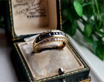 STUNNING Vintage 9ct Gold Sapphire Diamond Ring. 18 DiAMONDS! RESIZING AVAILABLE 9ct Sapphire ring, 9ct gold diamond ring [Ref00j]