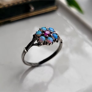 STUNNING Vintage Sterling Silver Opal Ruby Cluster Ring. Vintage Silver Ring. Vintage Silver Opal Ring LAYAWAY AVAILABLE [Ref00]