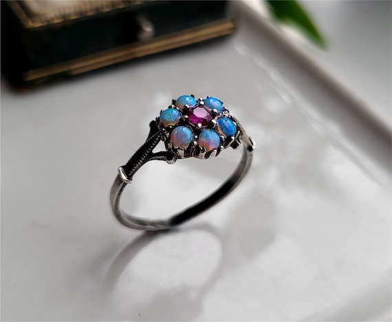 STUNNING Vintage Sterling Silver Opal Ruby Cluster Vintage Silver  Vintage Silver Opal Ring LAYAWAY AVAILABLE [Ref00] - Main Image