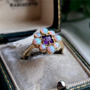 STUNNING Solid 9ct Gold Opal Amethyst Cluster Ring, STATEMENT Ring, Packed FULL of Opals, Vintage 9ct Gold Opal Ring, Gold Opal Rings, [refg