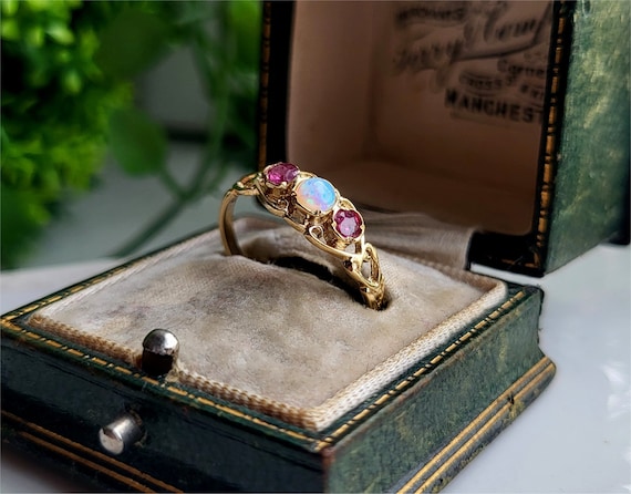 PRETTY Solid 9ct Gold Opal Ruby Ring, STATEMENT R… - image 2