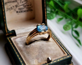 INCREÍBLE anillo vintage de aguamarina de oro de 9 qt. ¡Condición de menta! UN ANILLO DE DECLARACIÓN ADECUADO. Anillos de aguamarina de oro [ref00js2]