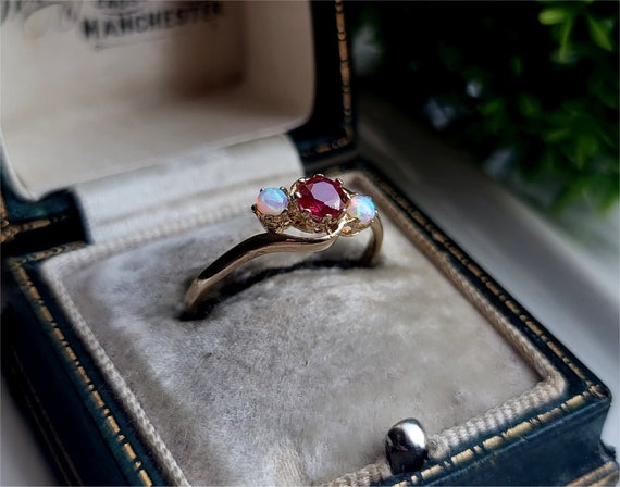 PRETTY Solid 9ct Gold Opal Ruby Ring, STATEMENT R… - image 2