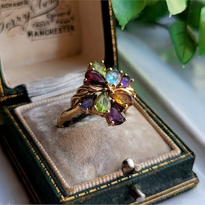 STUNNING Vintage 9ct Gold Multi Gemstone Ring. RESIZING AVAILABLE! 9ct Gold Ring. 9ct Gold Aquamarine Ring (Ref00e